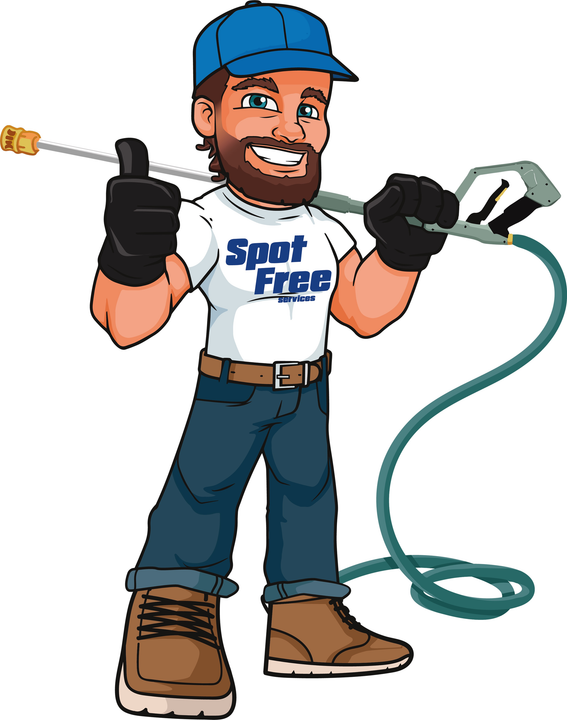 Cartoon worker in a blue cap and Spot Free t-shirt giving a thumbs up while holding a pressure washer nozzle and hose.