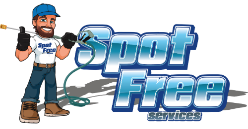 Logo for Spot Free Services showing a smiling person wearing a cap and work clothes holding a pressure washer sprayer.