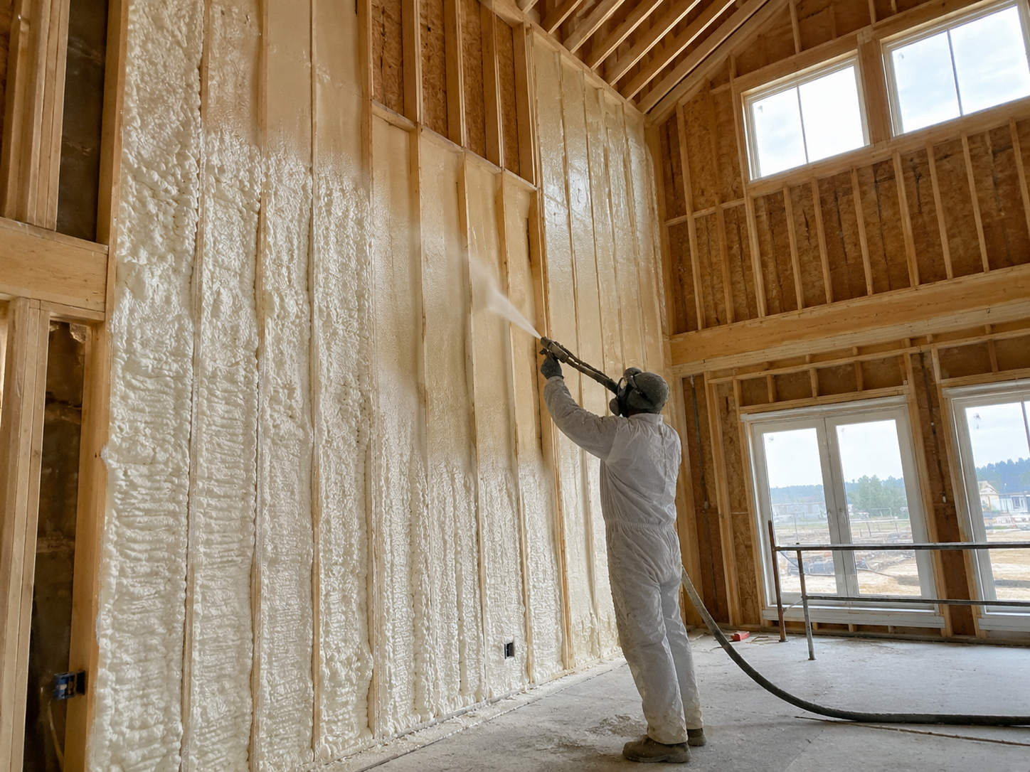 Basement walls fully insulated with spray foam between the studs