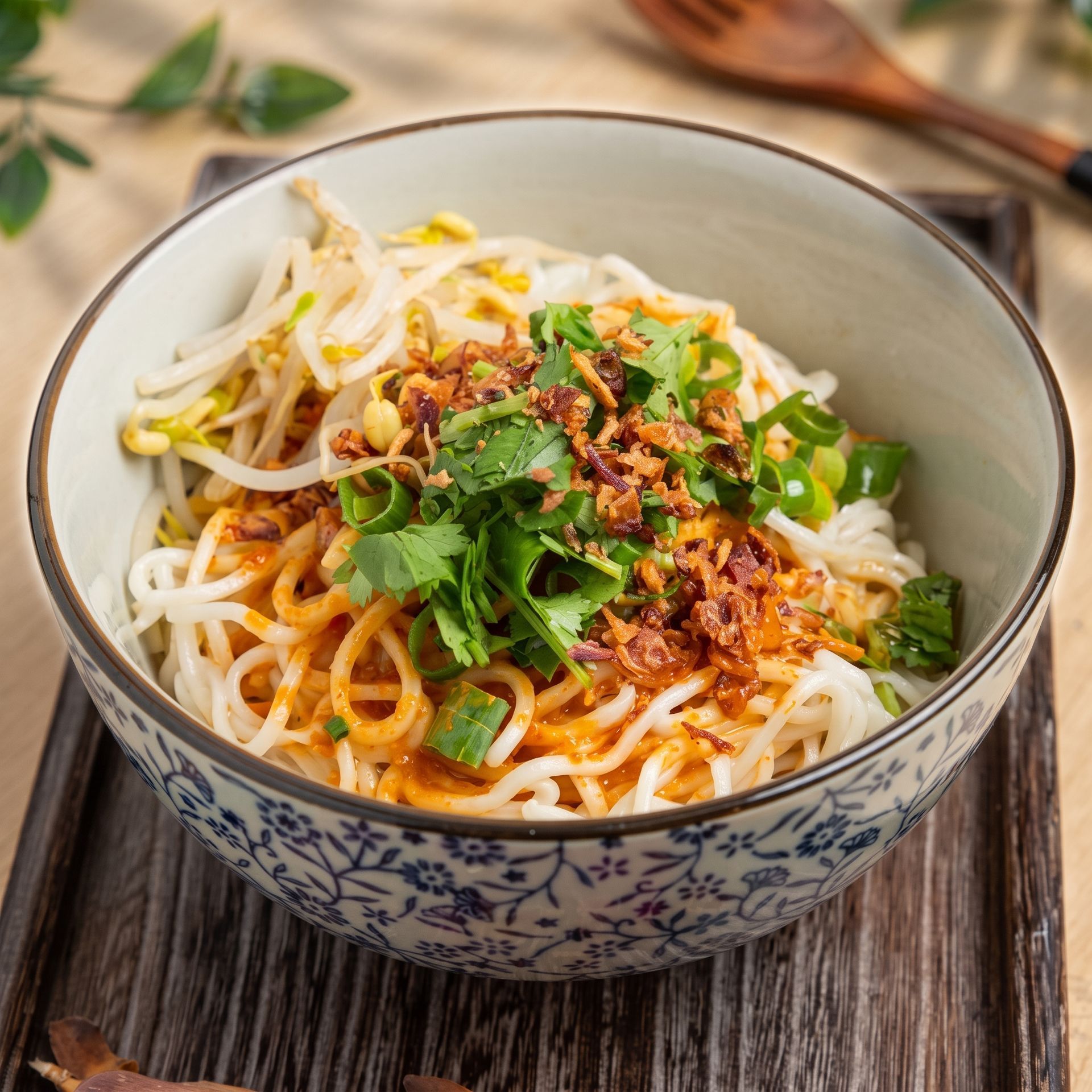 Bowl of noodle soup topped with bean sprouts, herbs, and crispy fried shallots on a wooden tray