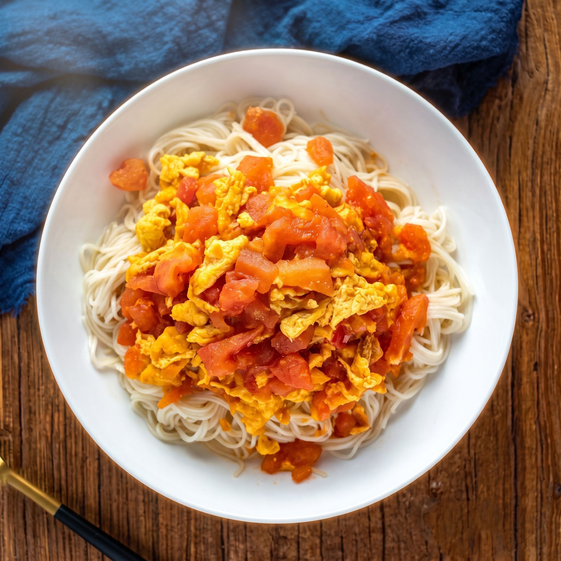 Bowl of white noodles topped with chunky red-orange sauce, on a blue cloth with chopsticks nearby