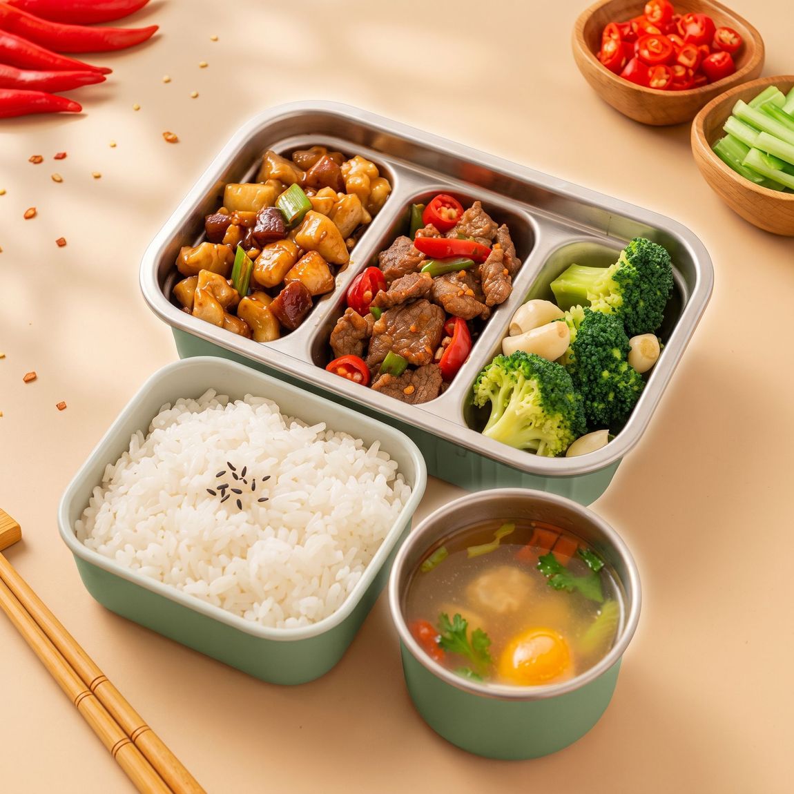 Japanese bento lunch with rice, stir-fry, broccoli, and soup in a stainless tray and green containers