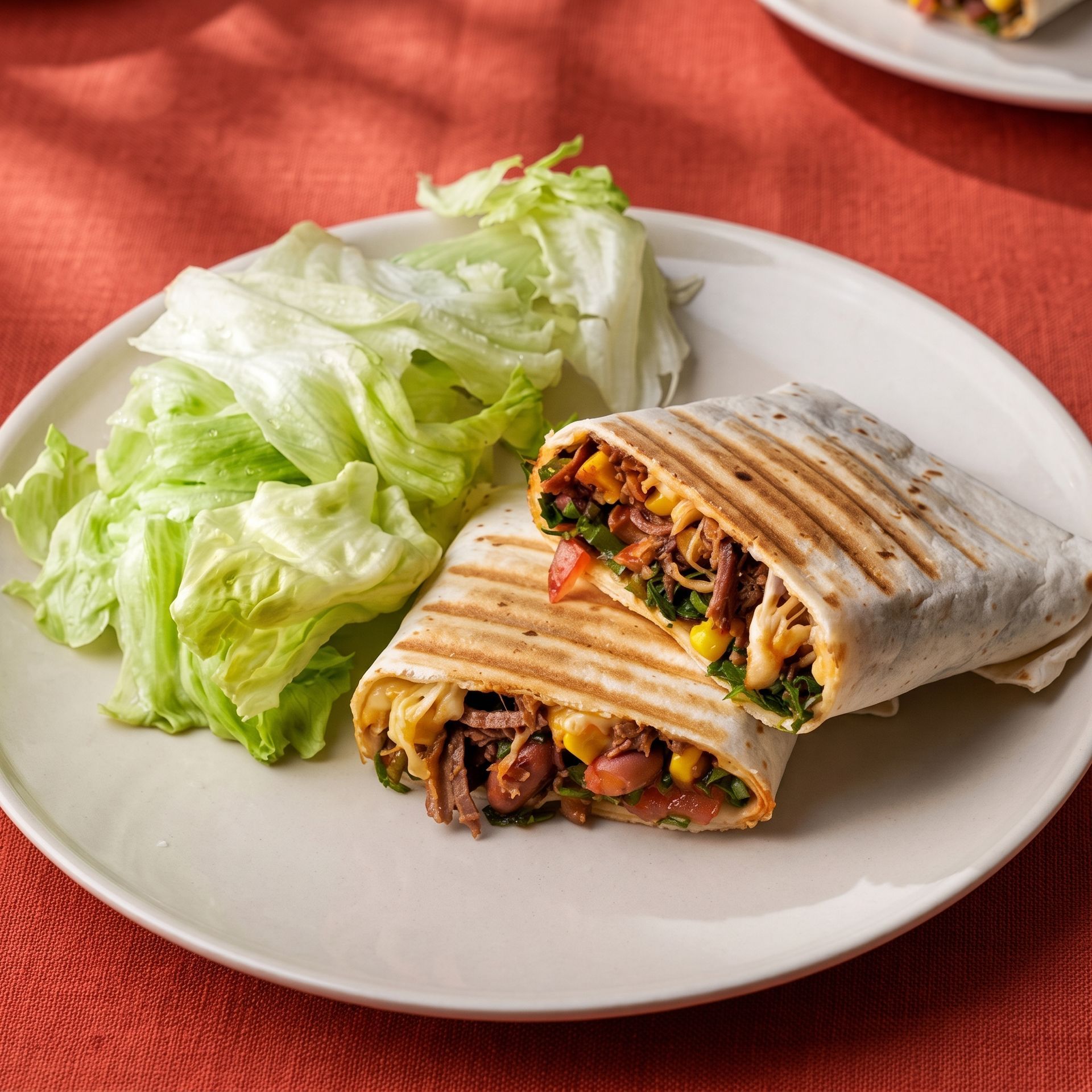 Grilled wrap halves on a white plate with lettuce, on a red tablecloth