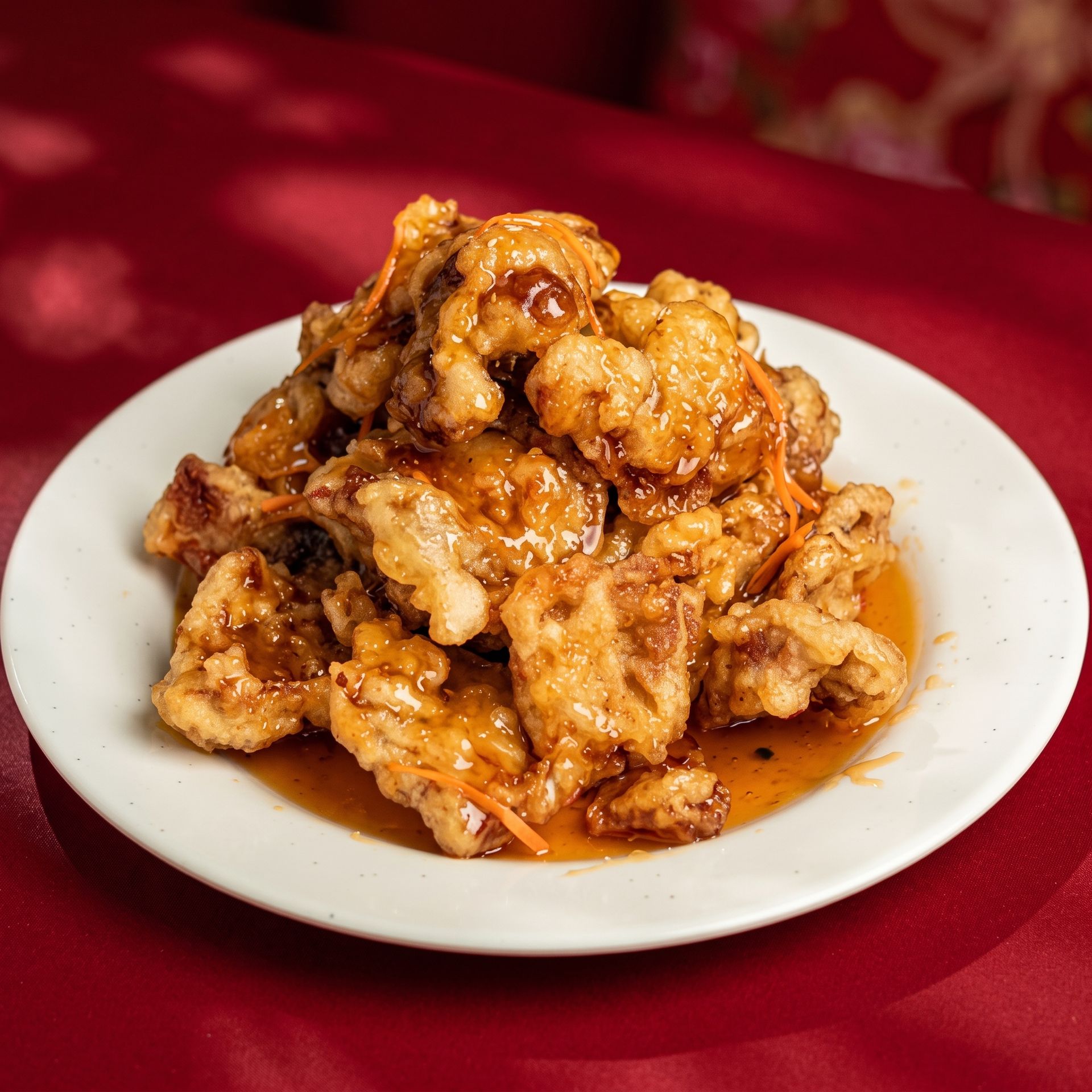 Plate of fried chicken pieces topped with sauce on a red tablecloth