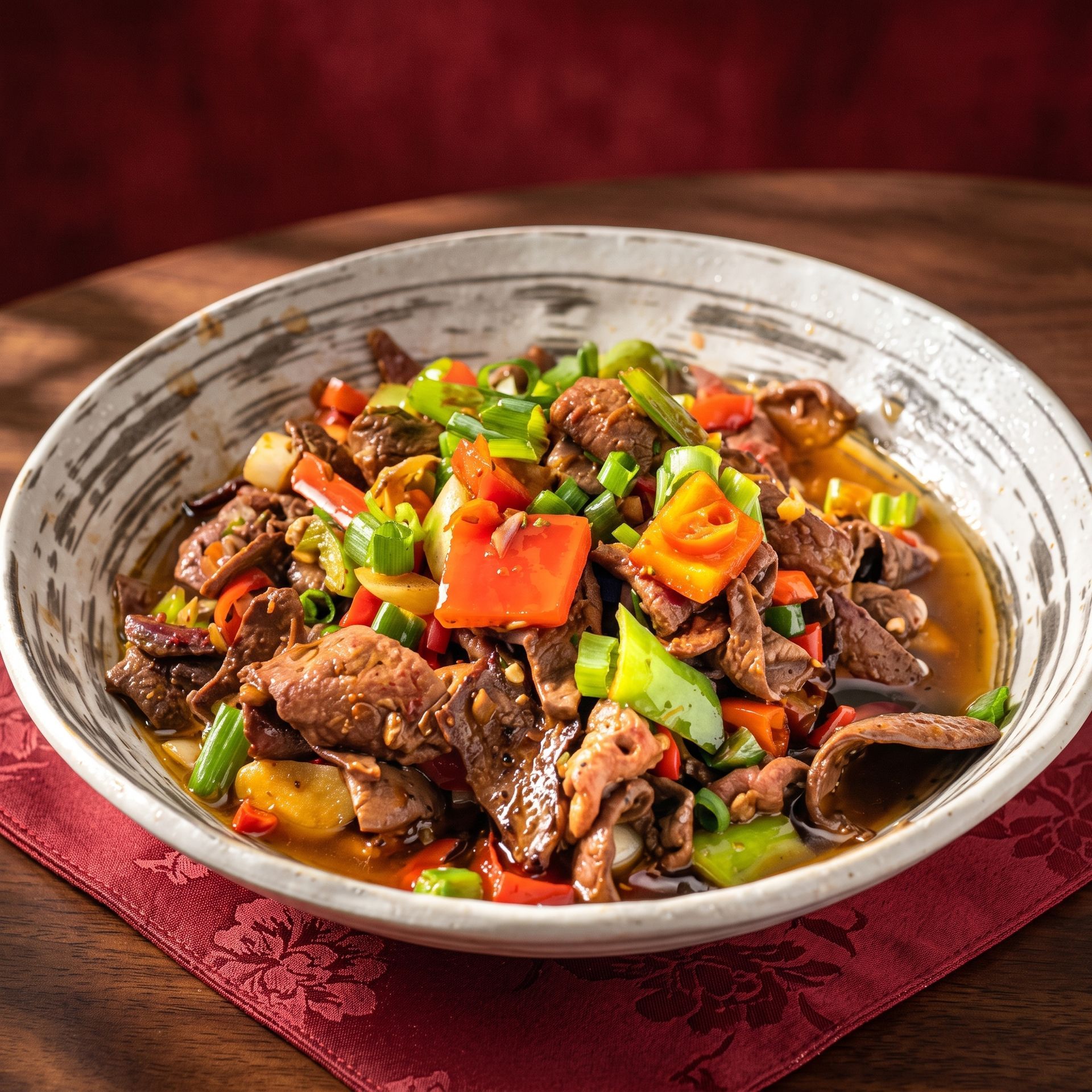 A bowl of beef and vegetables in a rich sauce on a red tablecloth.