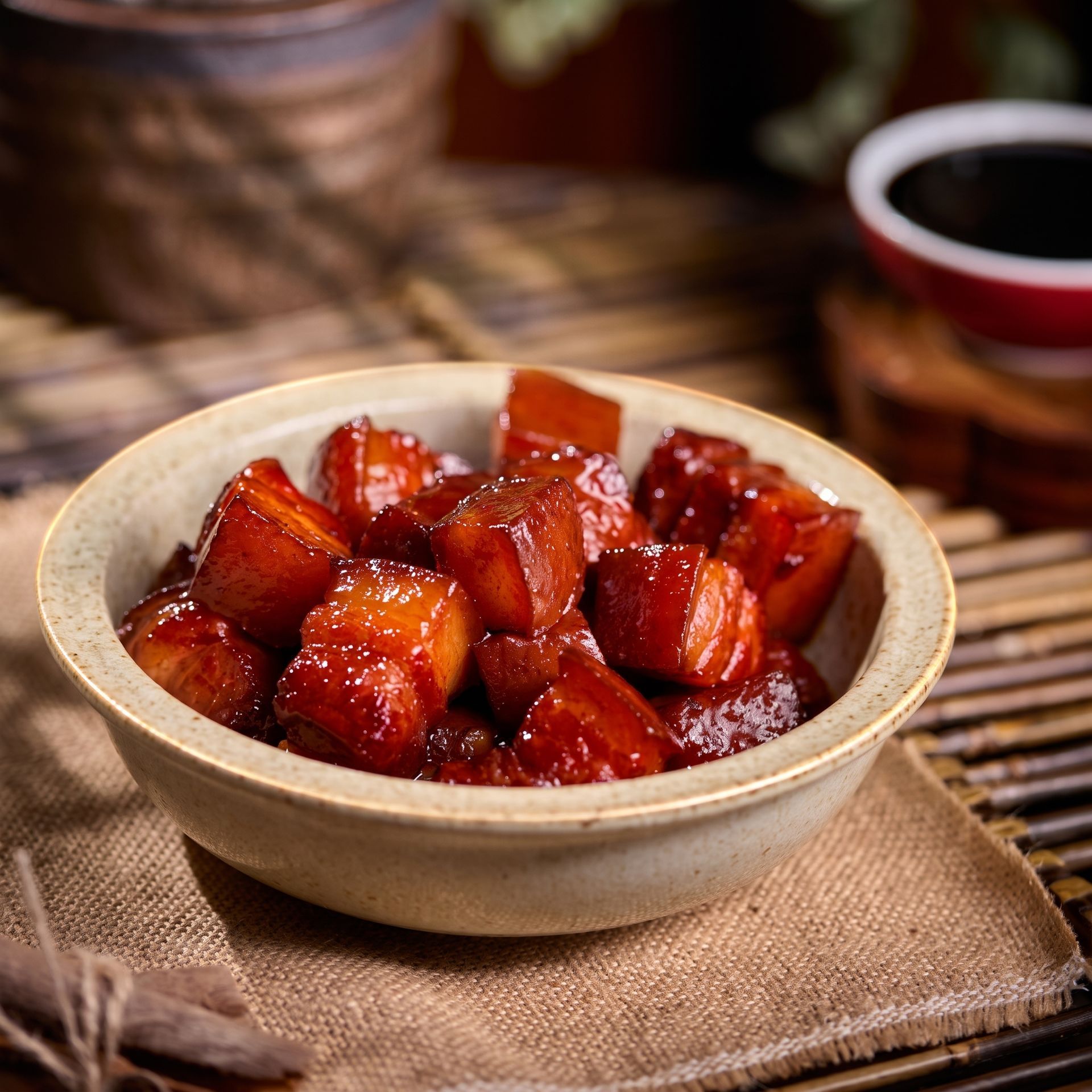 Bowl of glazed pork belly cubes on a rustic cloth, with a blurred cup in the background