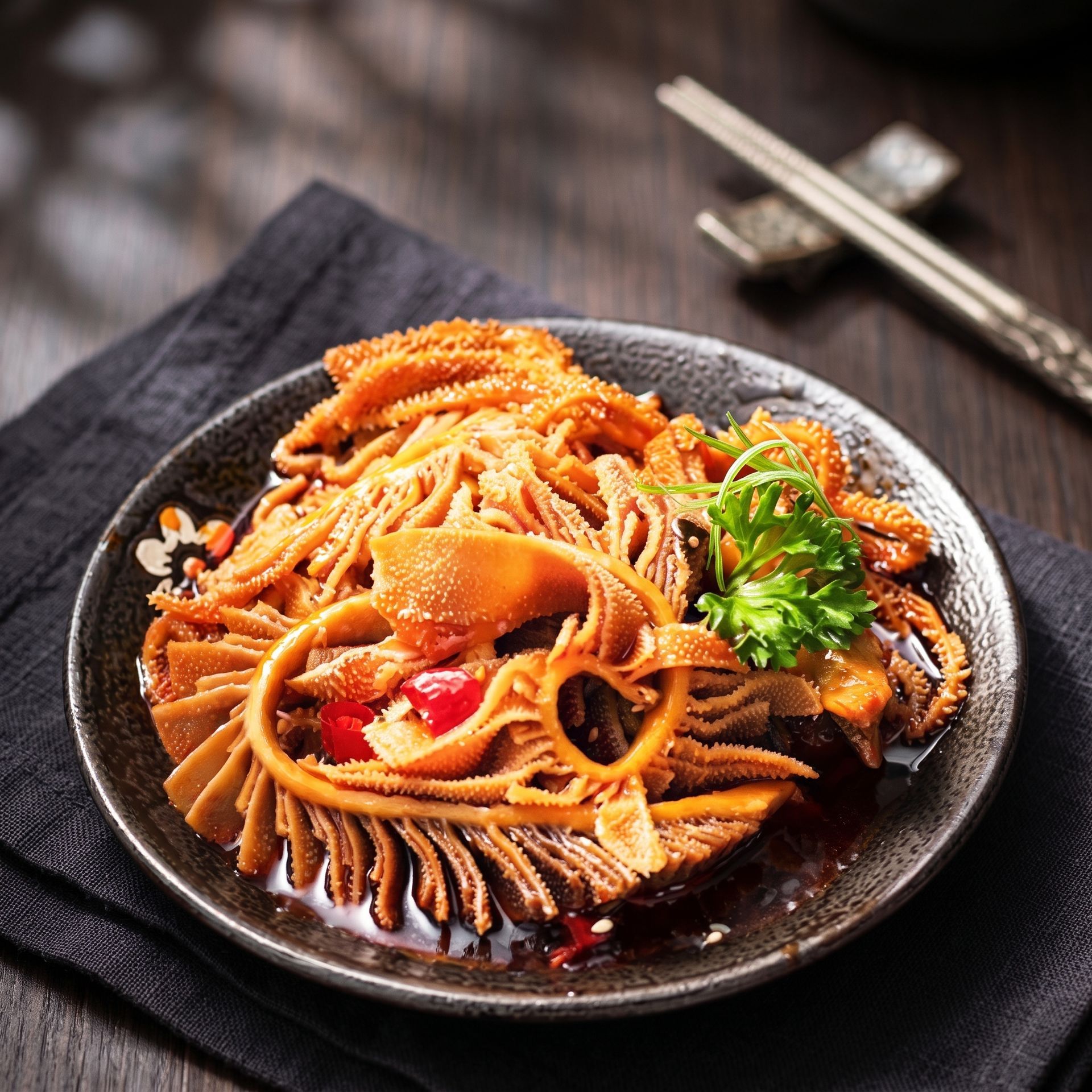 Close-up of pasta with tomato sauce and parsley on a black plate on a dark table
