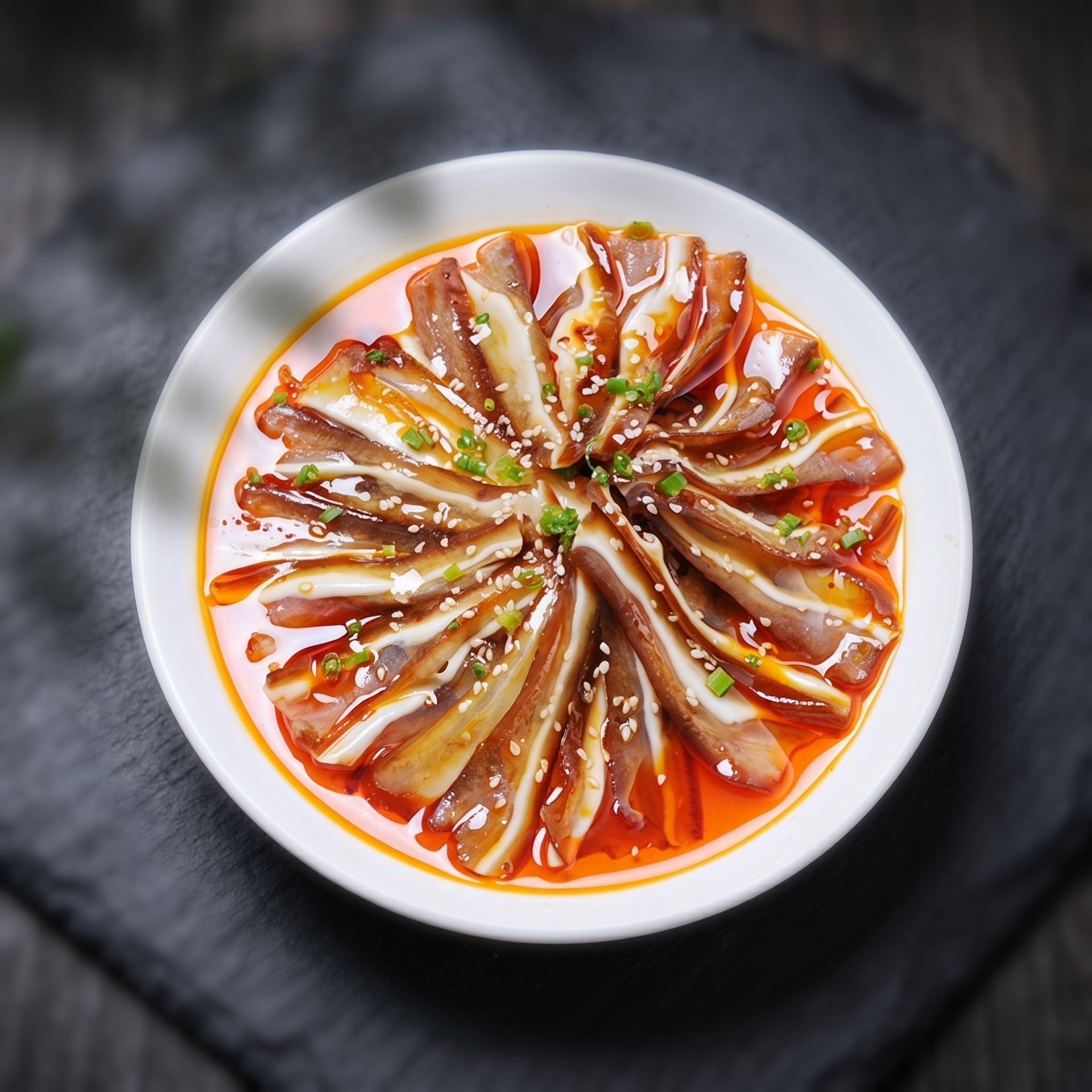 Plate of sliced fish in red sauce, arranged in a circle on a white dish