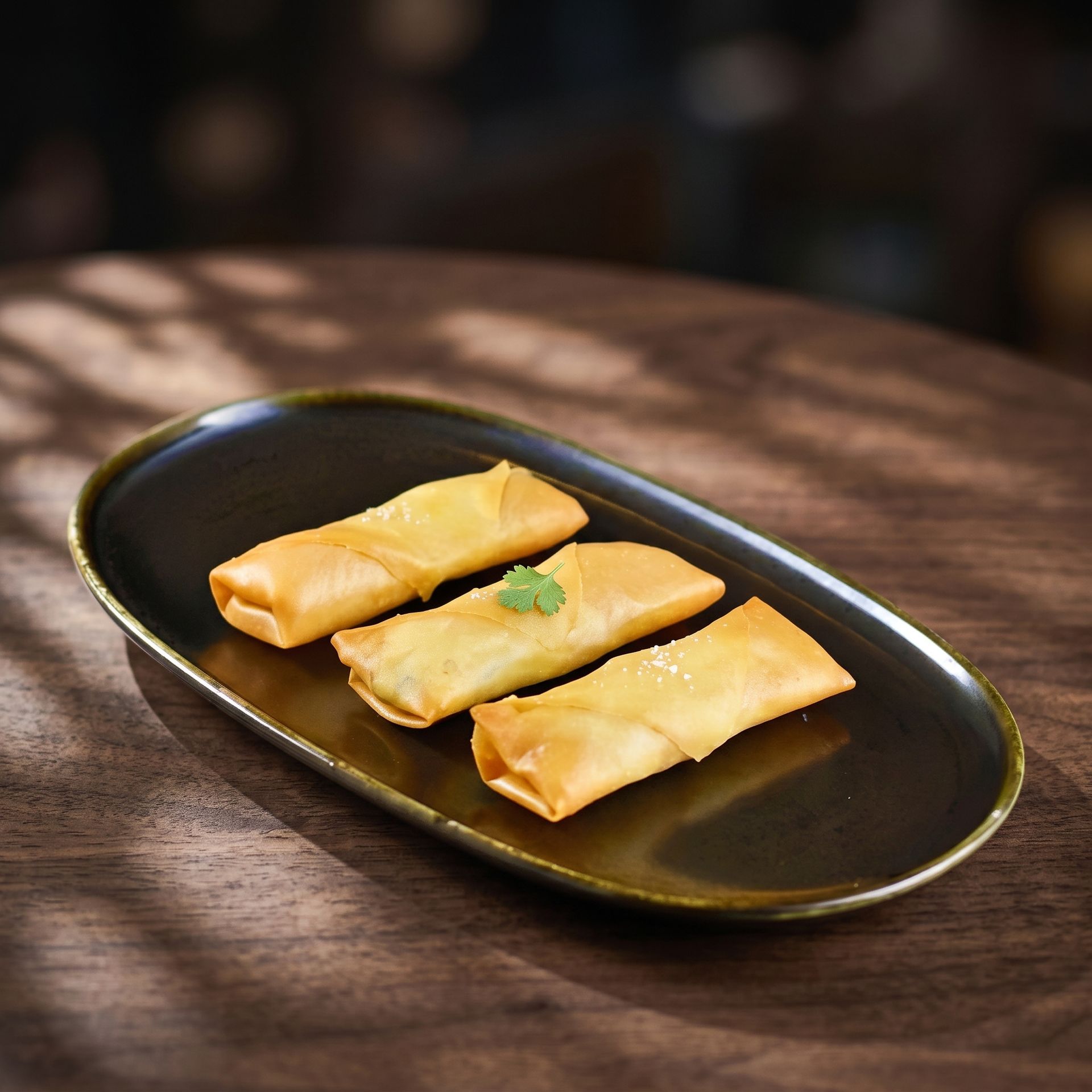 Three golden spring rolls on a black oval plate on a wooden table
