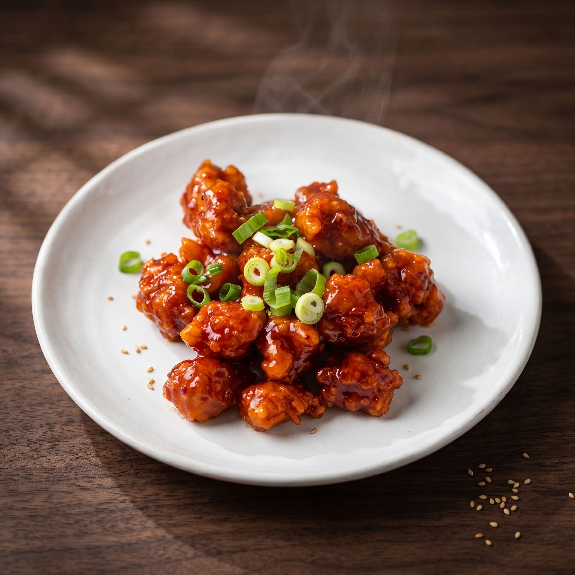 Spicy glazed fried chicken bites topped with sliced green onions on a white plate