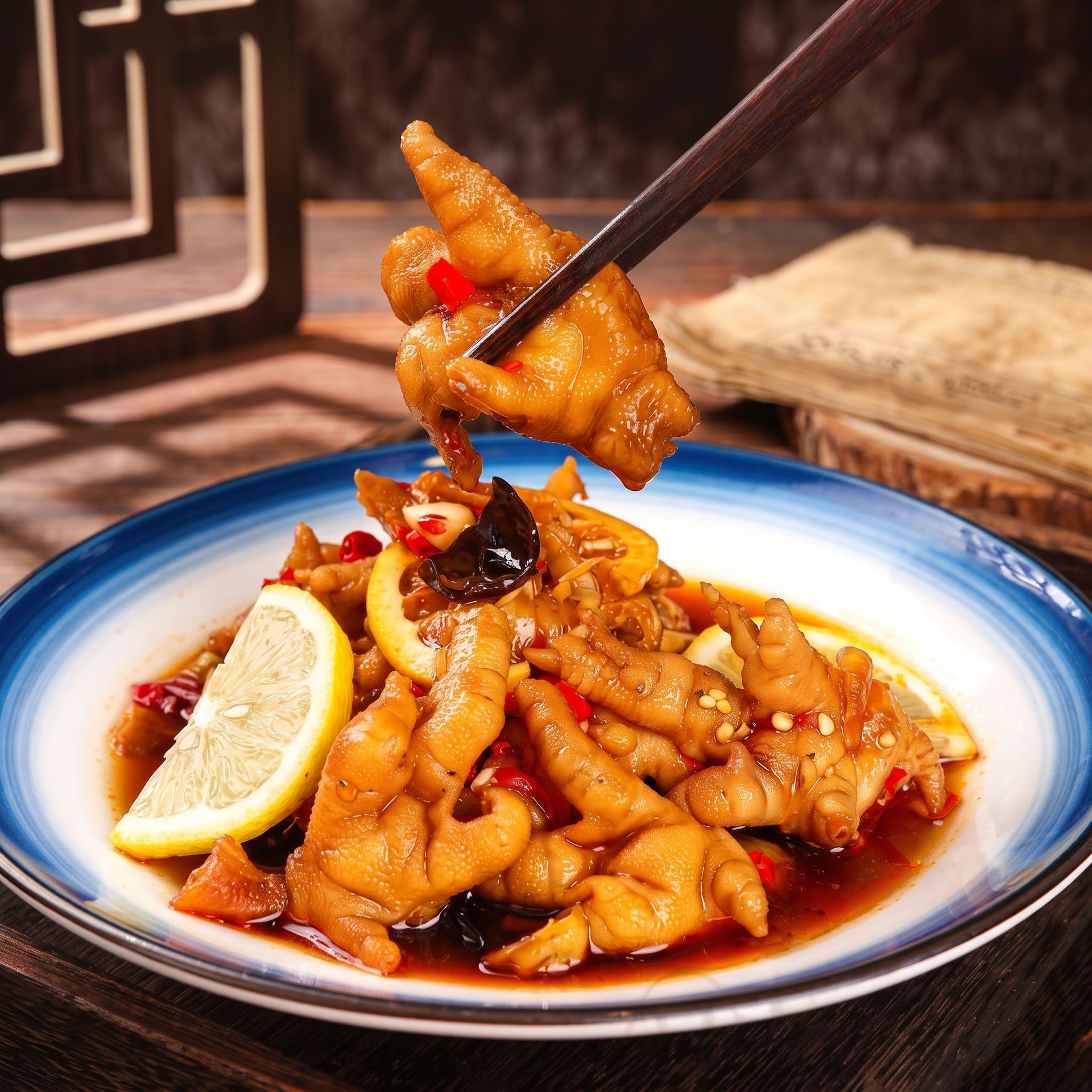 Chopsticks lifting glazed chicken over a blue-rimmed plate with lemon wedges and sauce