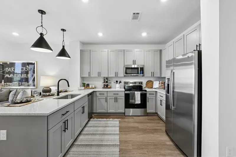 Modern kitchen in a model home at Encore Brentwood..