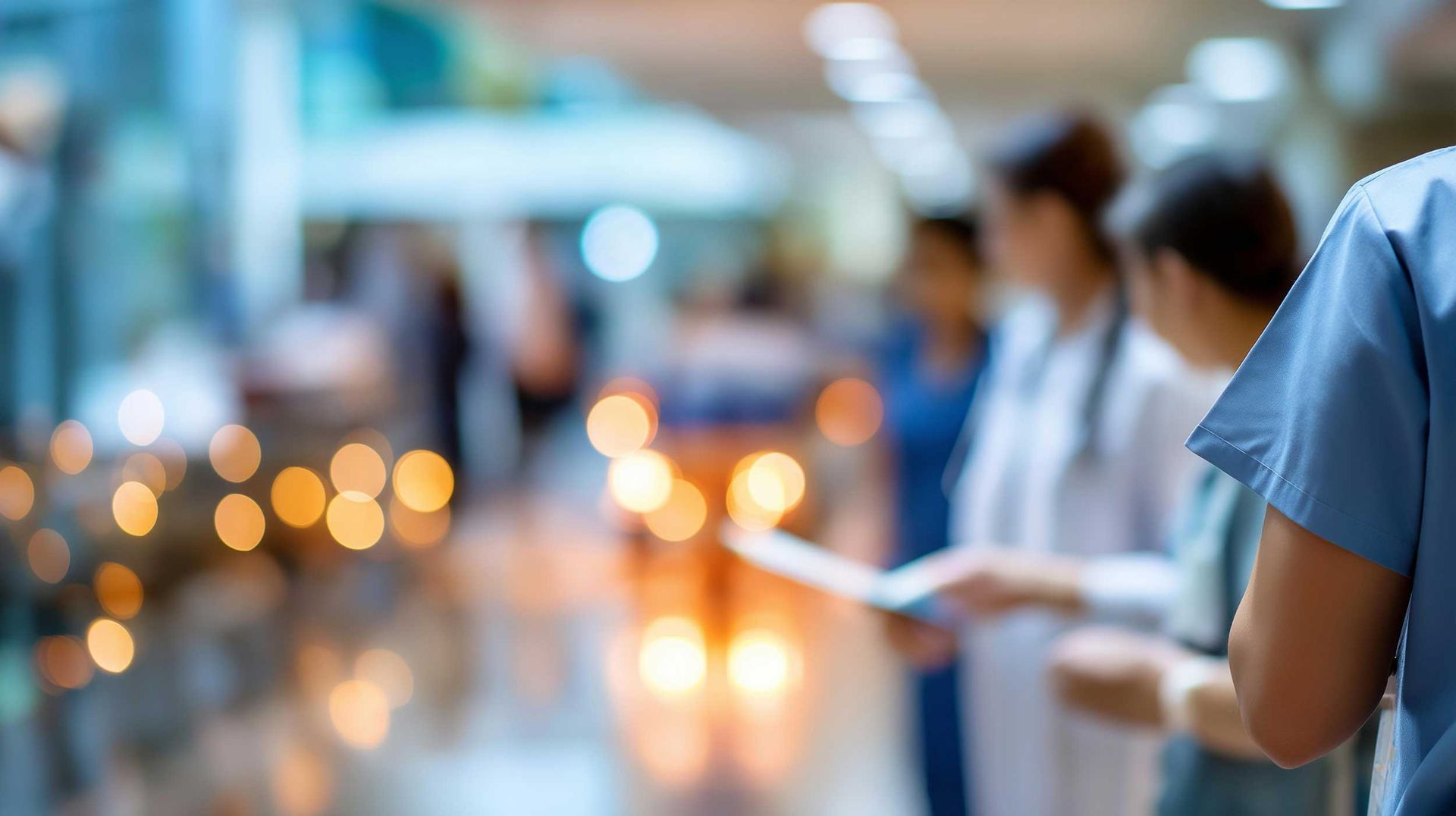 Hospital scene with medical staff in blue scrubs and lab coats collaborating in urgent care. Hospital scene with medical staff in blue scrubs and lab coats collaborating in urgent care.