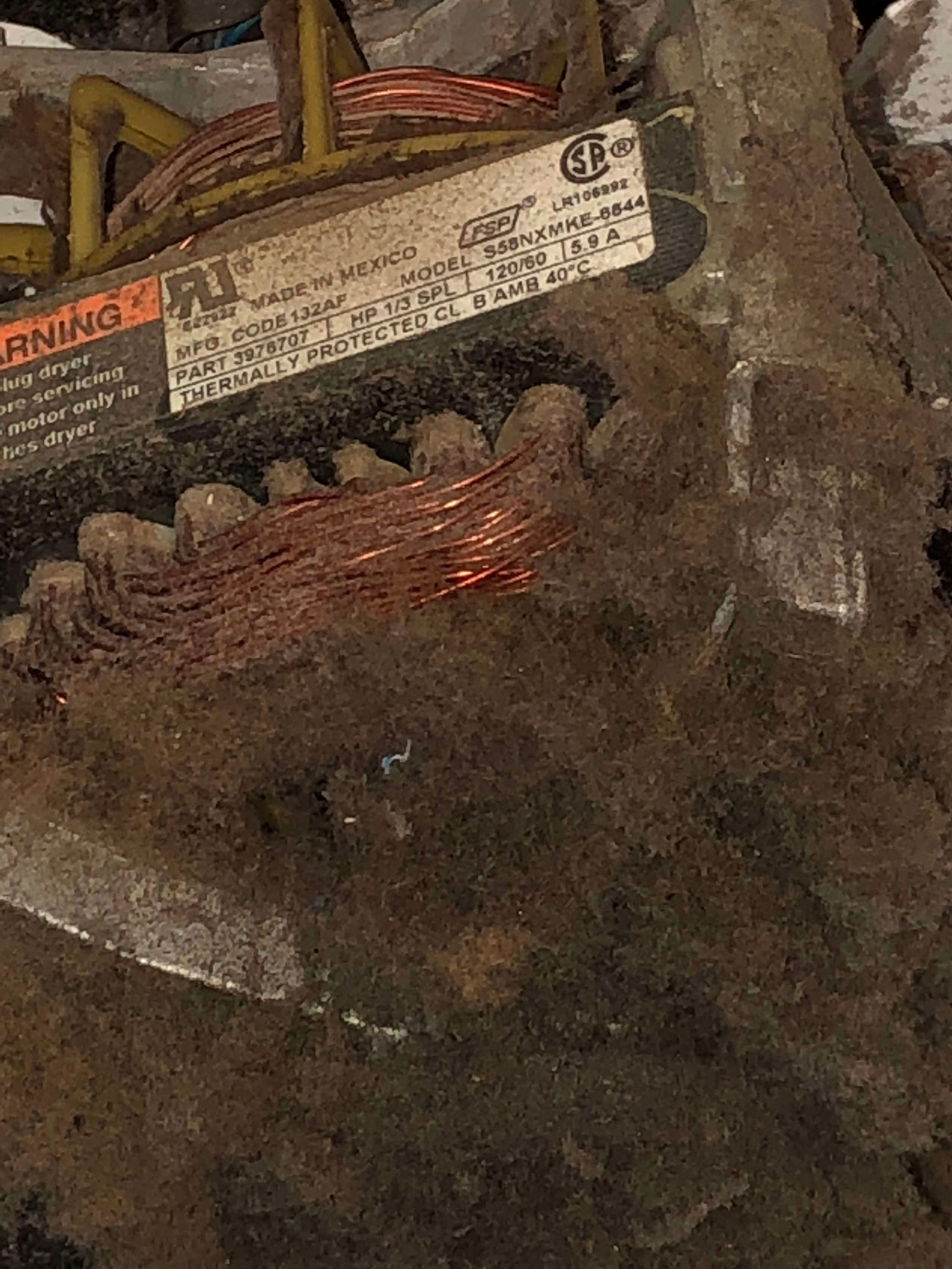 Close-up of tangled electrical wires and a dusty motor or pump with a label attached.