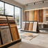 A showroom displaying various flooring samples, including wood planks and textured carpets on stands and on the floor.
