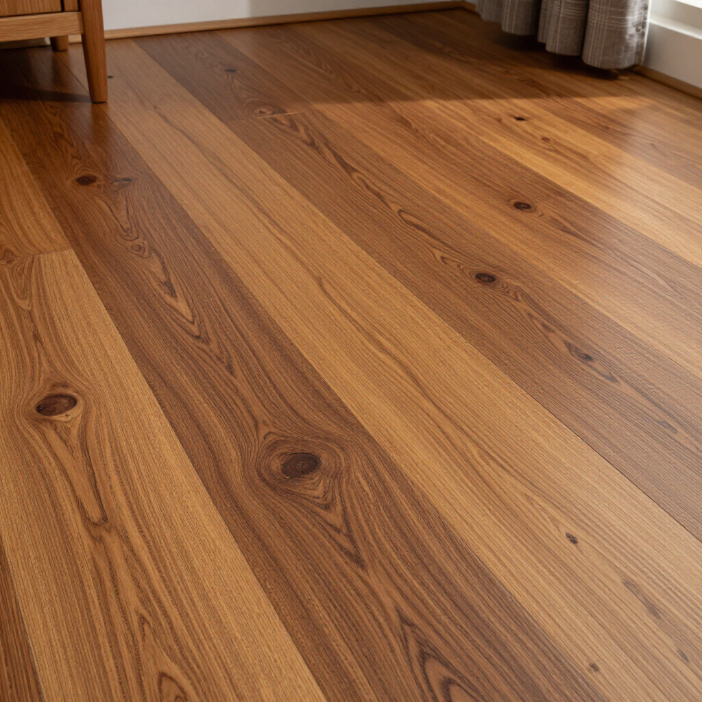 Wide planks of natural-toned wood flooring with prominent knots and varied grain patterns, viewed at an angle.