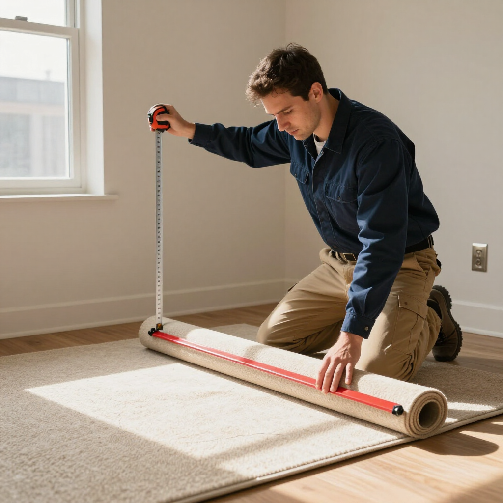 A person kneels on a carpeted floor, using a measuring tape to measure the height of a rolled-up rug.