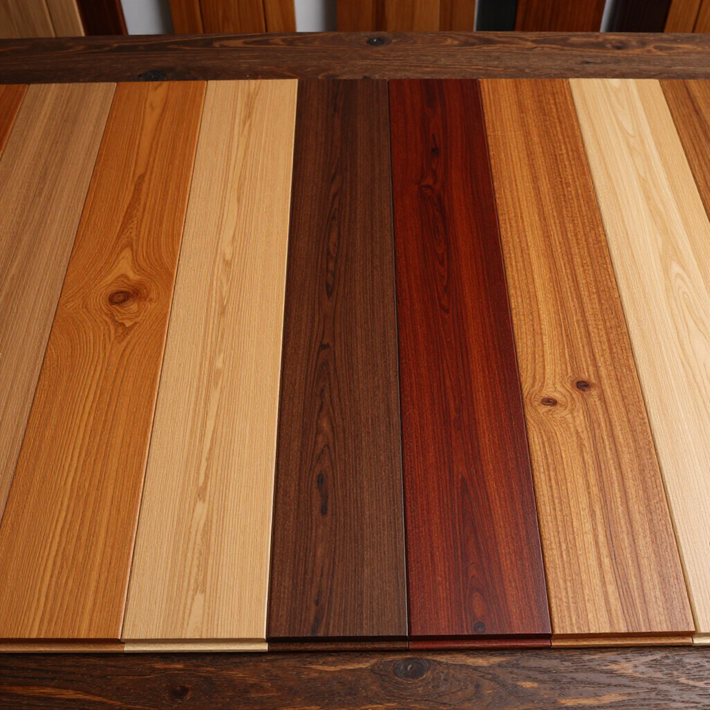 Several wooden floor planks in varying shades, from light oak and warm amber to dark mahogany and espresso brown.