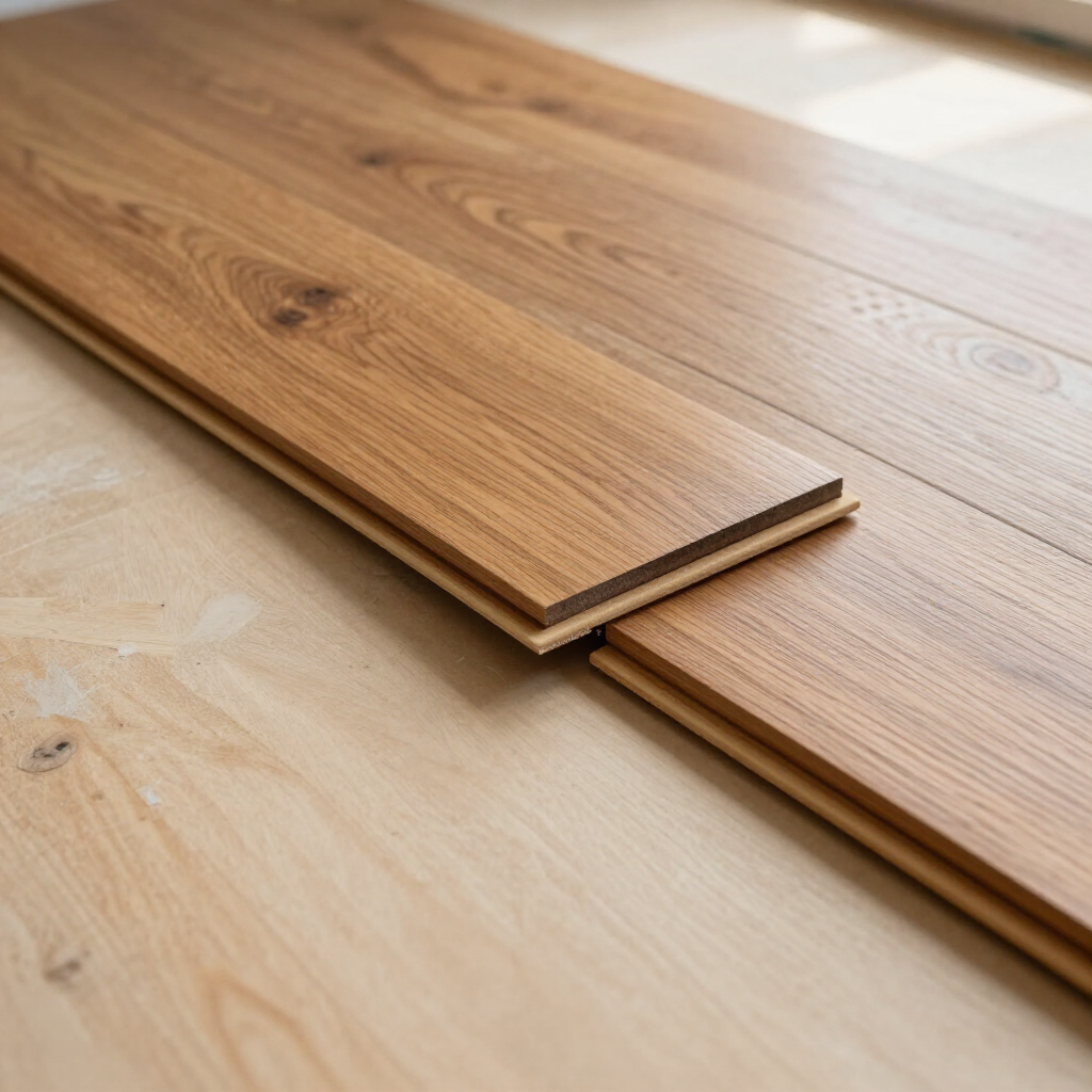 Two planks of light brown wood flooring being installed on top of a light-colored plywood subfloor.