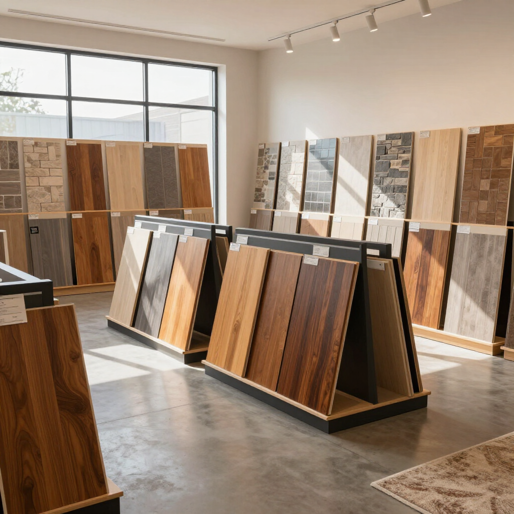 A showroom filled with various wood, tile, and stone flooring samples displayed on metal racks under bright lighting.