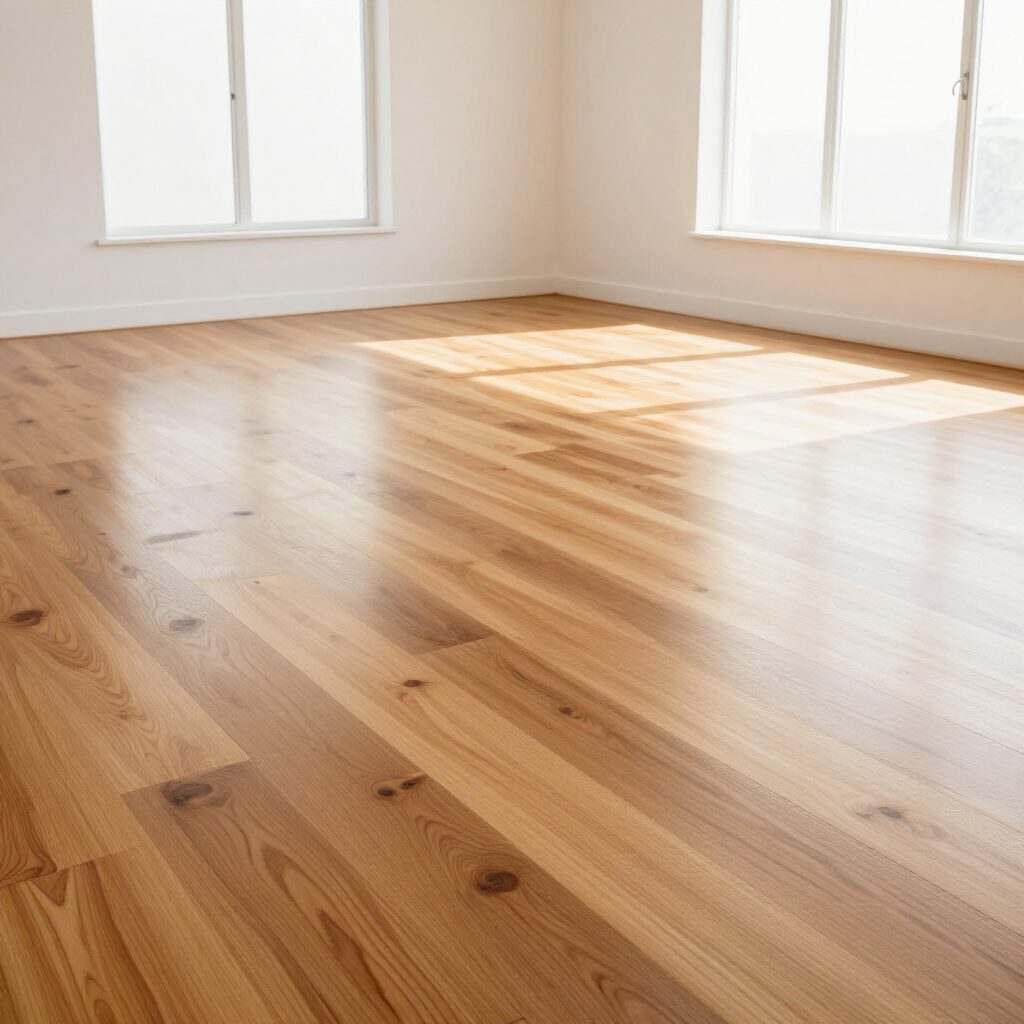 An empty room featuring light-colored wood flooring and sunlight streaming in through two windows.