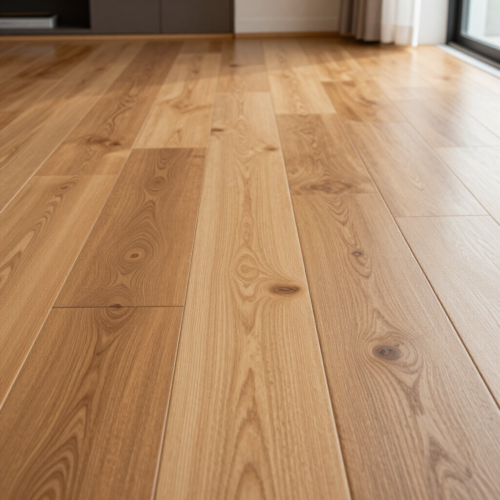 A close-up view of light-toned, natural wood floor planks with visible grain and knots in a well-lit indoor space.