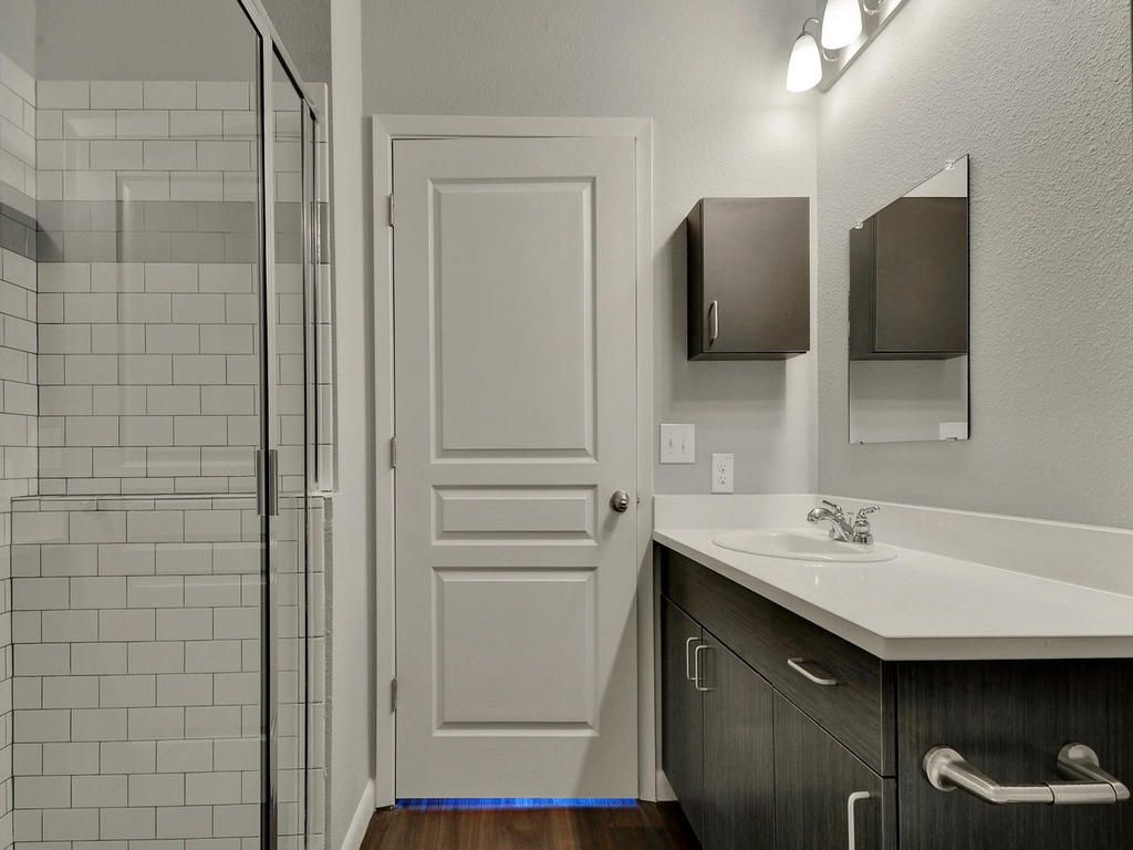 A bathroom with a sink , mirror , and walk in shower.