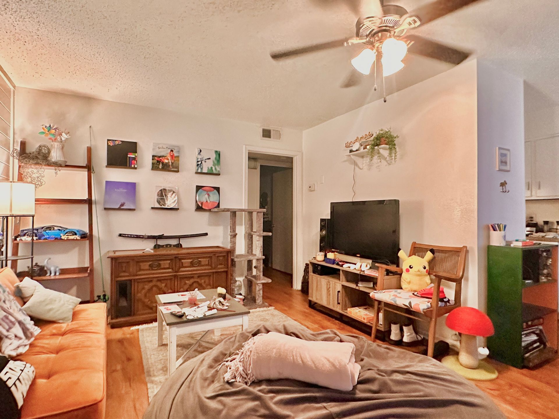 A living room with a ceiling fan and a couch.