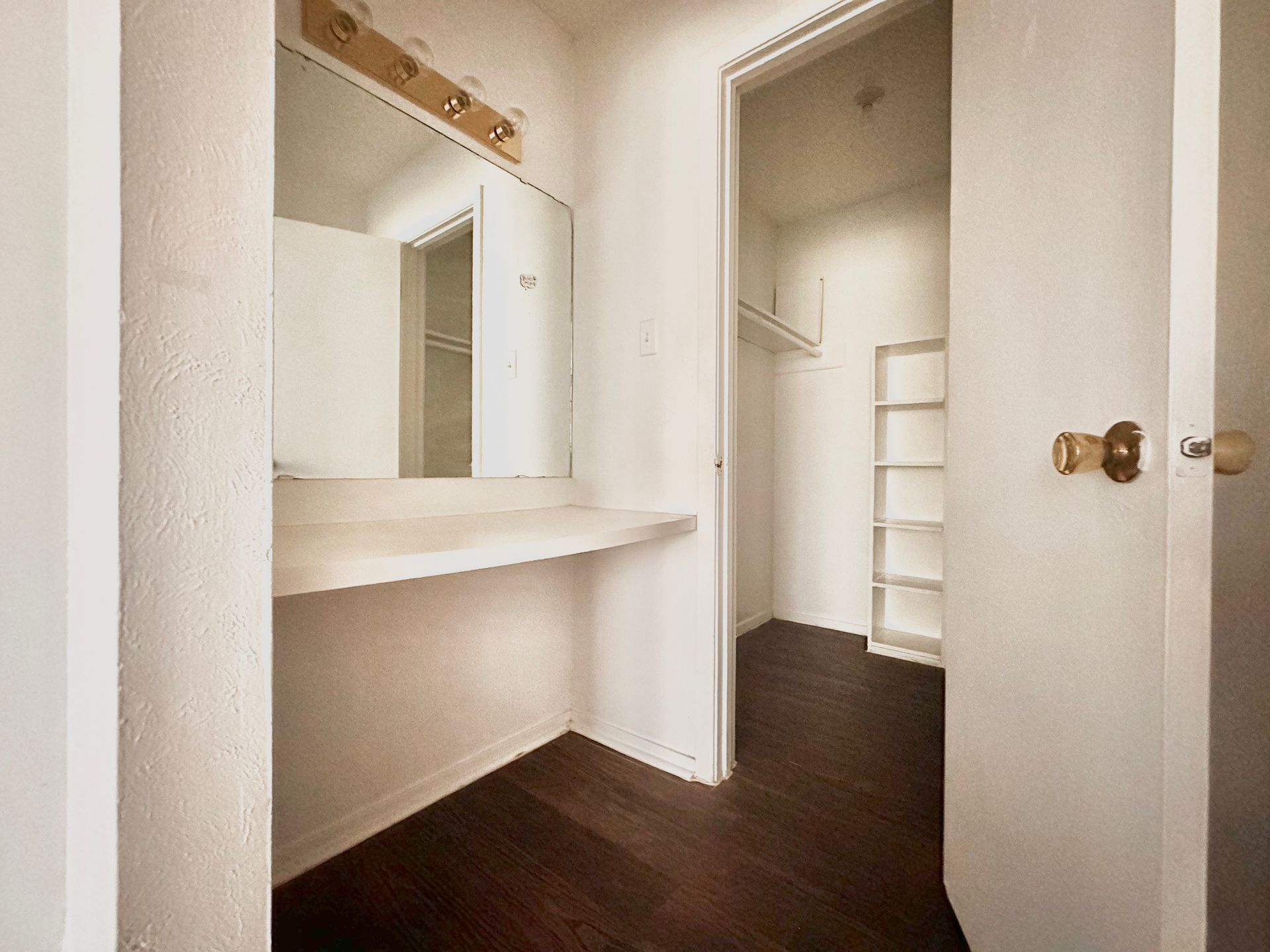 A bathroom with a sink , mirror and closet.