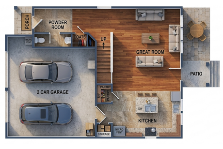 Top-down 3D floor plan of a house with 2-car garage, kitchen, great room, patio, and powder room.