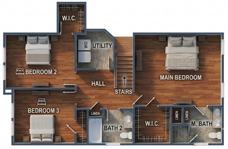 Floor plan of a three-bedroom house with hall, utility, baths, and walk-in closets