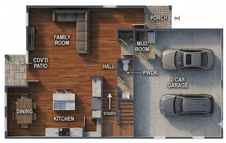 Top-down floor plan of a home with family room, kitchen, patio, mud room, and two-car garage.