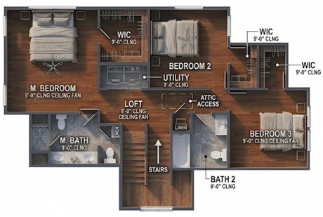 Second-floor home floor plan with bedrooms, baths, utility room, loft, stairs, and closets highlighted on wood flooring.
