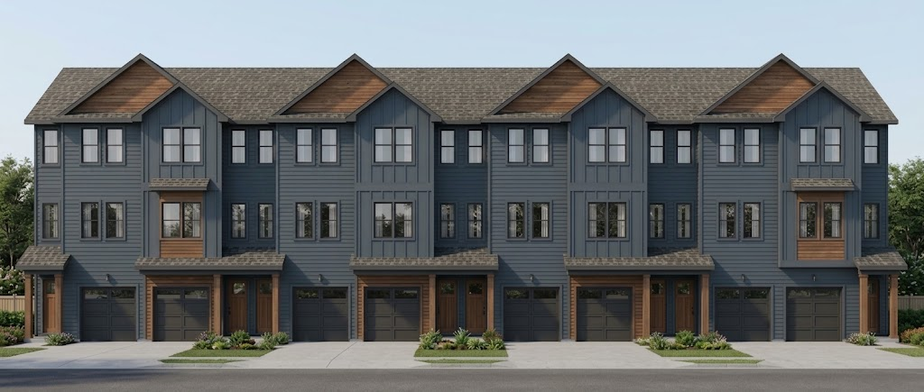 Row of modern dark-gray townhouses with peaked roofs and front porches on a street