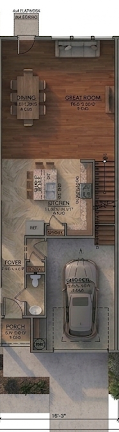 Top-down floor plan of a house interior with rooms, furniture, and a car in the garage.