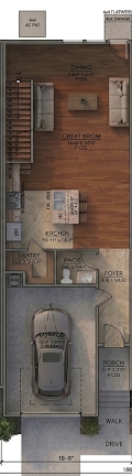 Top-down floor plan of a narrow house with a car in the garage, stairs, rooms, and a backyard patio.