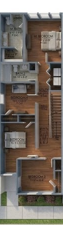 Top-down floor plan of a small house interior with labeled rooms, stairs, and wood flooring.