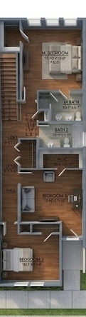 Floor plan of a narrow apartment layout with wood flooring, labeled rooms, stairs, kitchen, and bathroom.