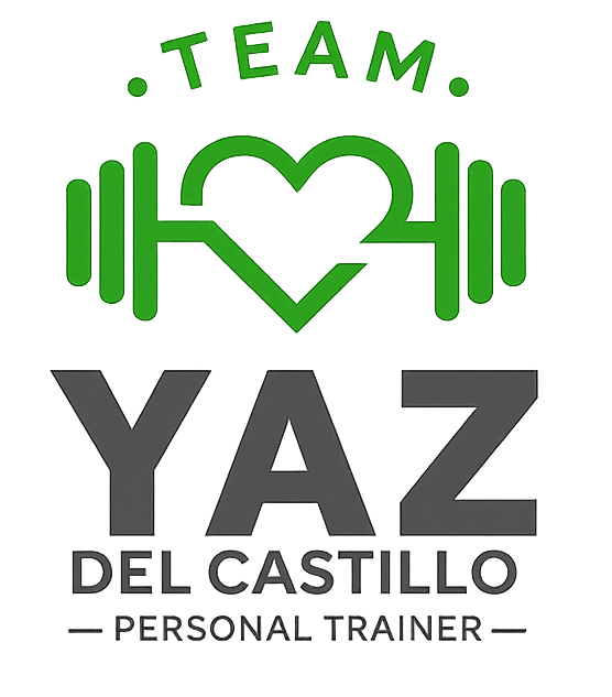 Logotipo con un corazón verde y una mancuerna, con las inscripciones “TEAM YAZ DEL CASTILLO” y “PERSONAL TRAINER”.