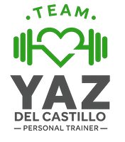 Logotipo con un corazón verde y una mancuerna, con las inscripciones “TEAM YAZ DEL CASTILLO” y “PERSONAL TRAINER”.