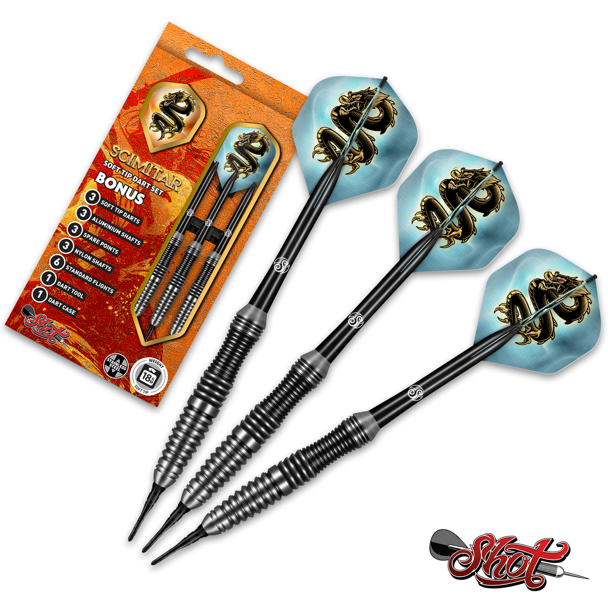 SHOT SCIMITAR SOFT TIP DARTS SET - PROFESSIONAL STAINLESS STEEL- 18 GRAM