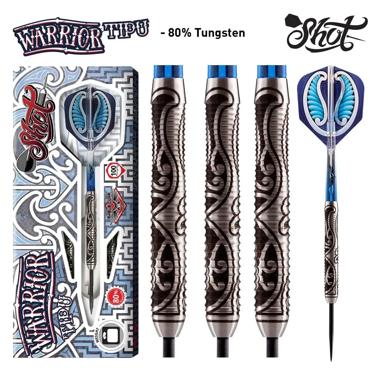 Shot WARRIOR TIPU STEEL TIP DART SET WTST- 80% TUNGSTEN