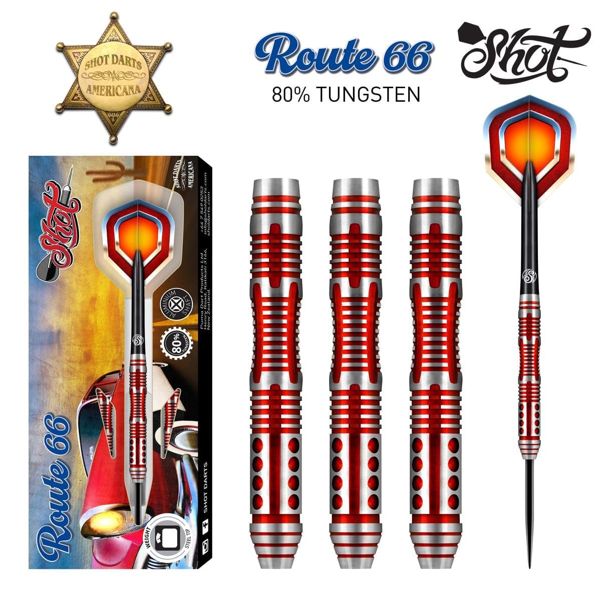 Shot AMERICANA ROUTE 66 STEEL TIP DART SET ARST - 80% TUNGSTEN