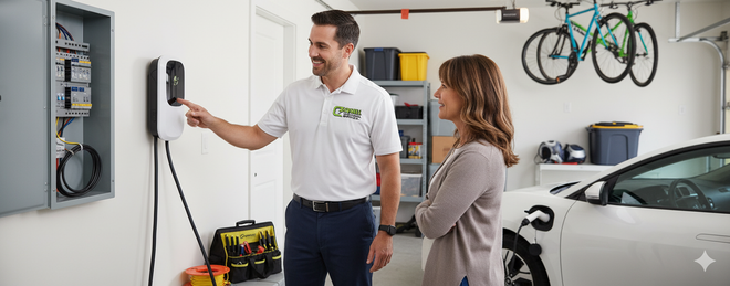 A man points to an electric vehicle charger as he speaks to a woman in a garage; white car nearby.