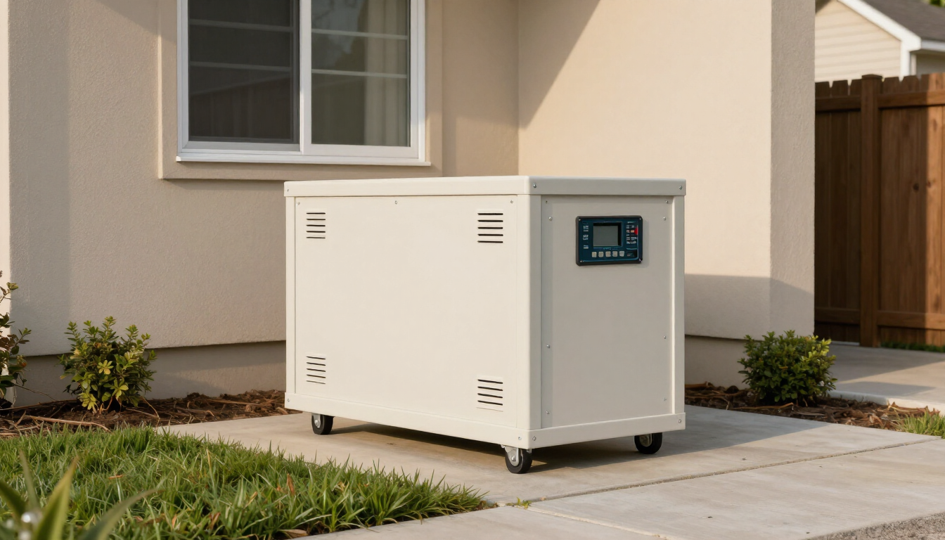 White outdoor battery unit on a patio beside a house, with a small control panel and wheels