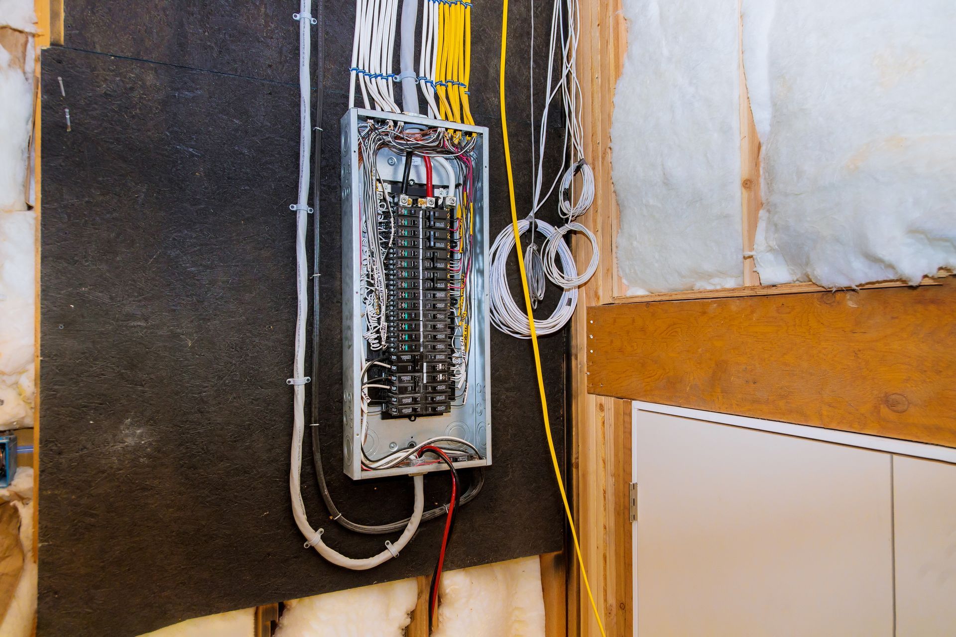 Open electrical panel with exposed wiring mounted on a wall