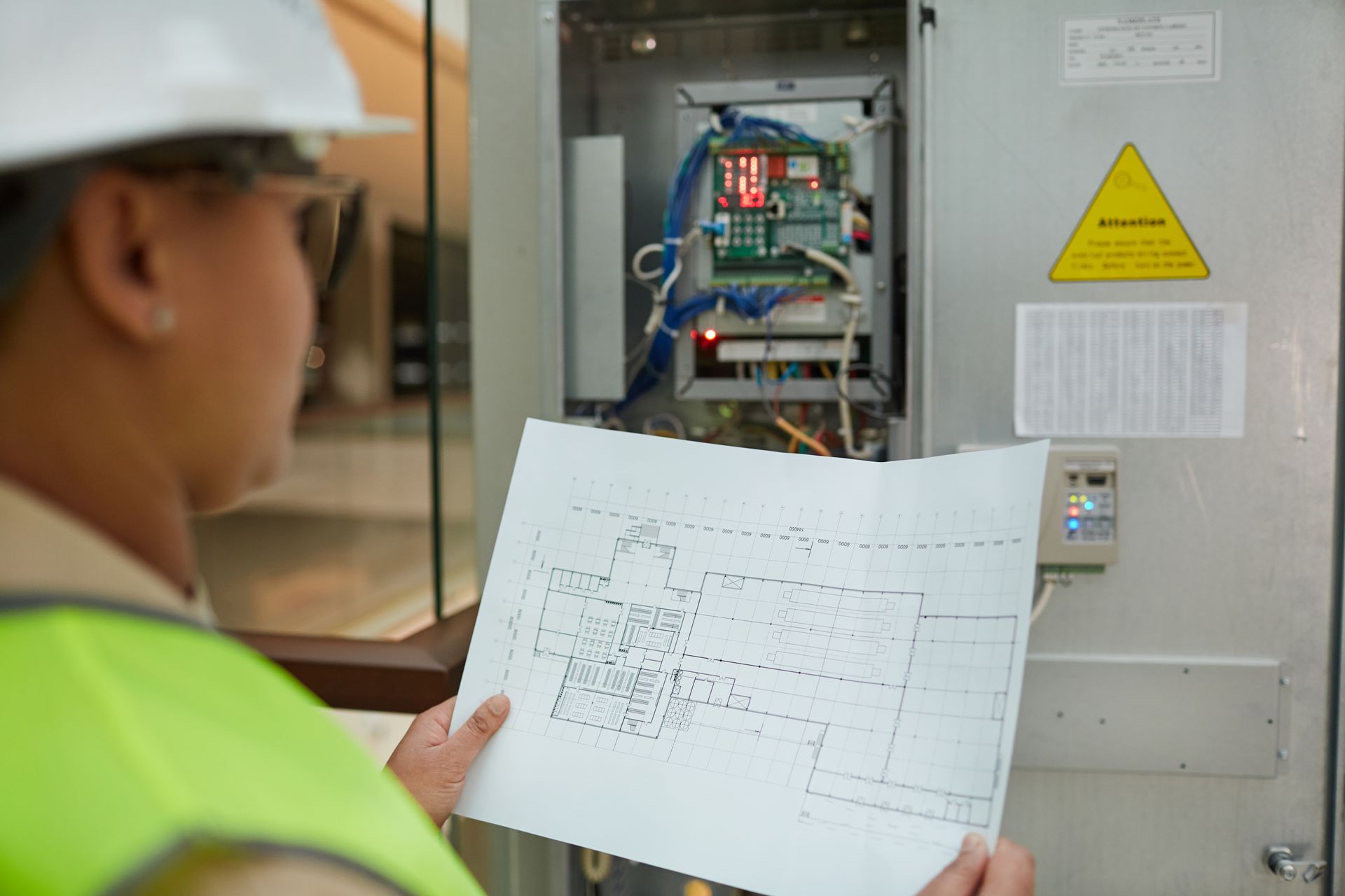 Technician wearing safety gear examines electrical panel and blueprint.