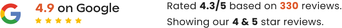 Google reviews graphic, rated 4.3/5 based on 330 reviews. Shows 4 & 5 star reviews, 4.9 on Google.