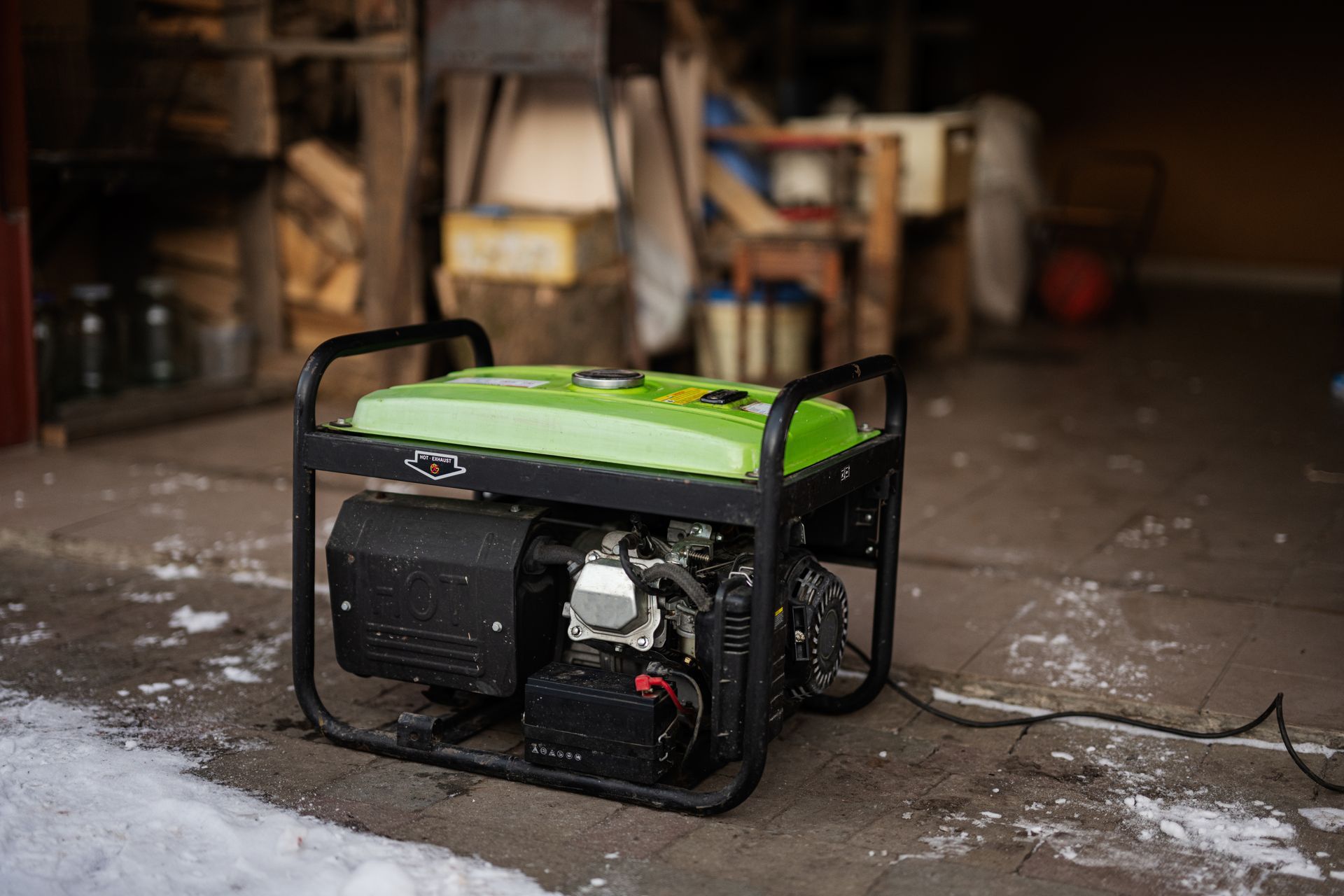 Green portable generator on a wet garage floor, powering a cord in a dim workshop