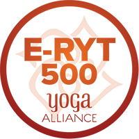 E-RYT 500 Yoga Alliance logo in orange and red, featuring a lotus flower design.